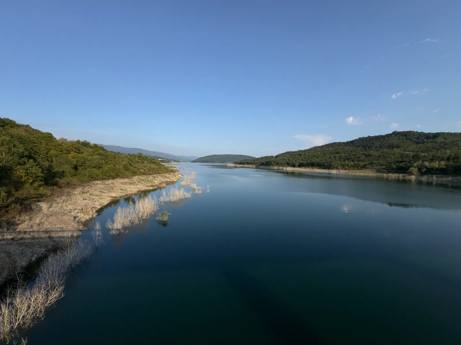 A calm lake between wooded hills under a clear sky, light sand and dry reeds on the left shore