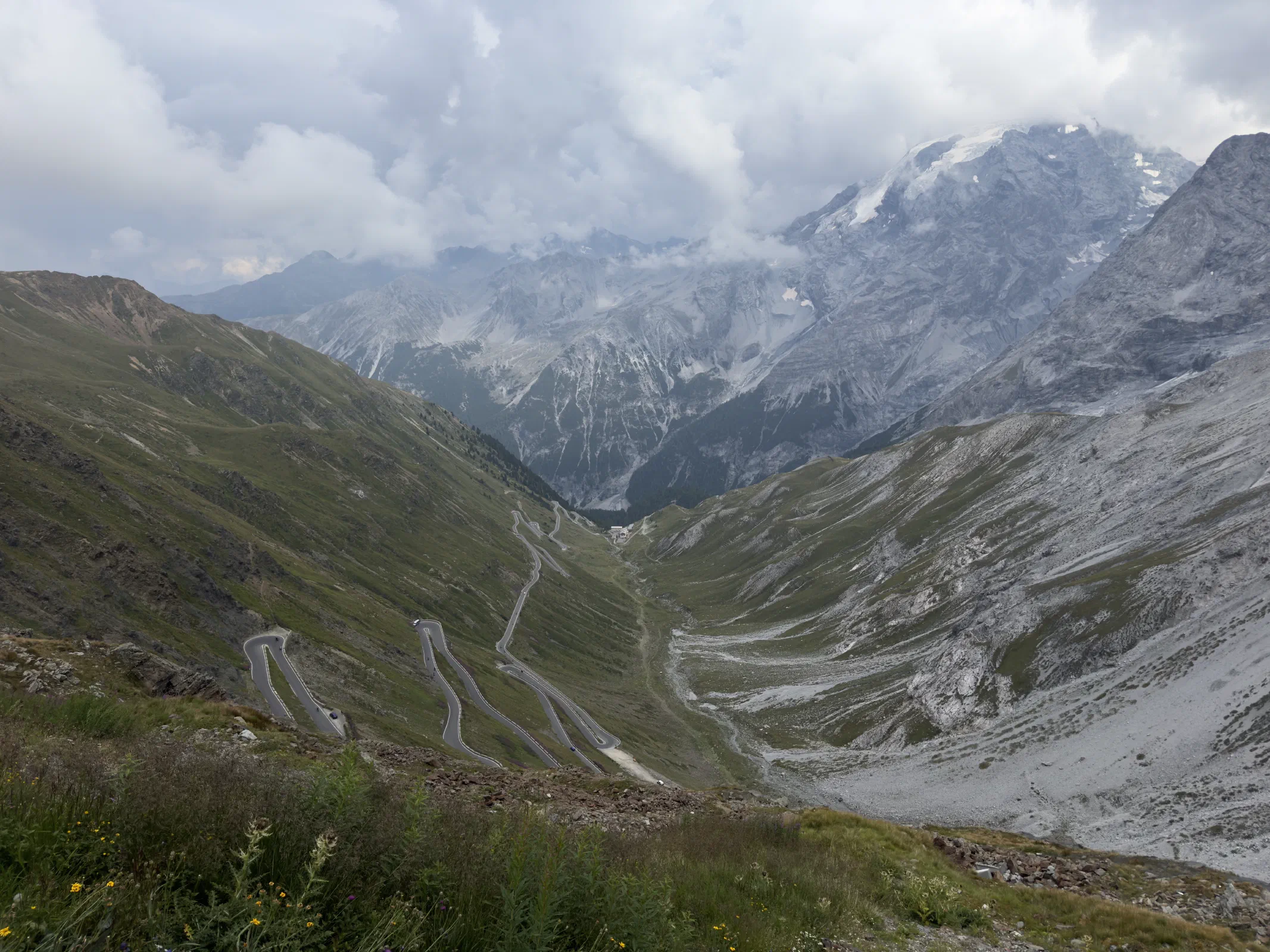 The hairpins of the Stelvio Pass road wind through a green high valley, with a glaciated peak behind them under low clouds.